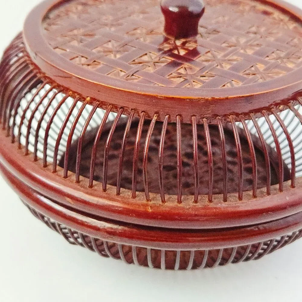 Vintage Japanese Handwoven Bamboo Lacquered Wagashi Basket w/ Lid Cricket Cage